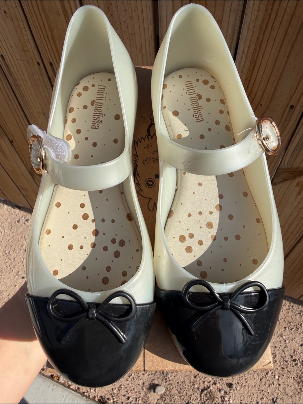 Mini Melissa Cream and Black Patent Mary Janes with Bow
